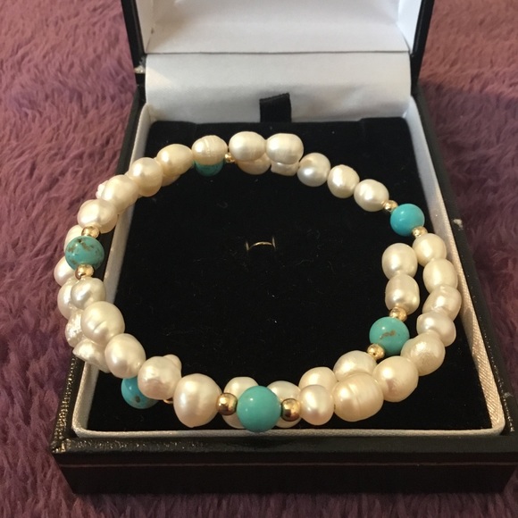 Beautiful Pearl Turquoise & 14K Gold Wrap Bracelet ,Large - Picture 3 of 8